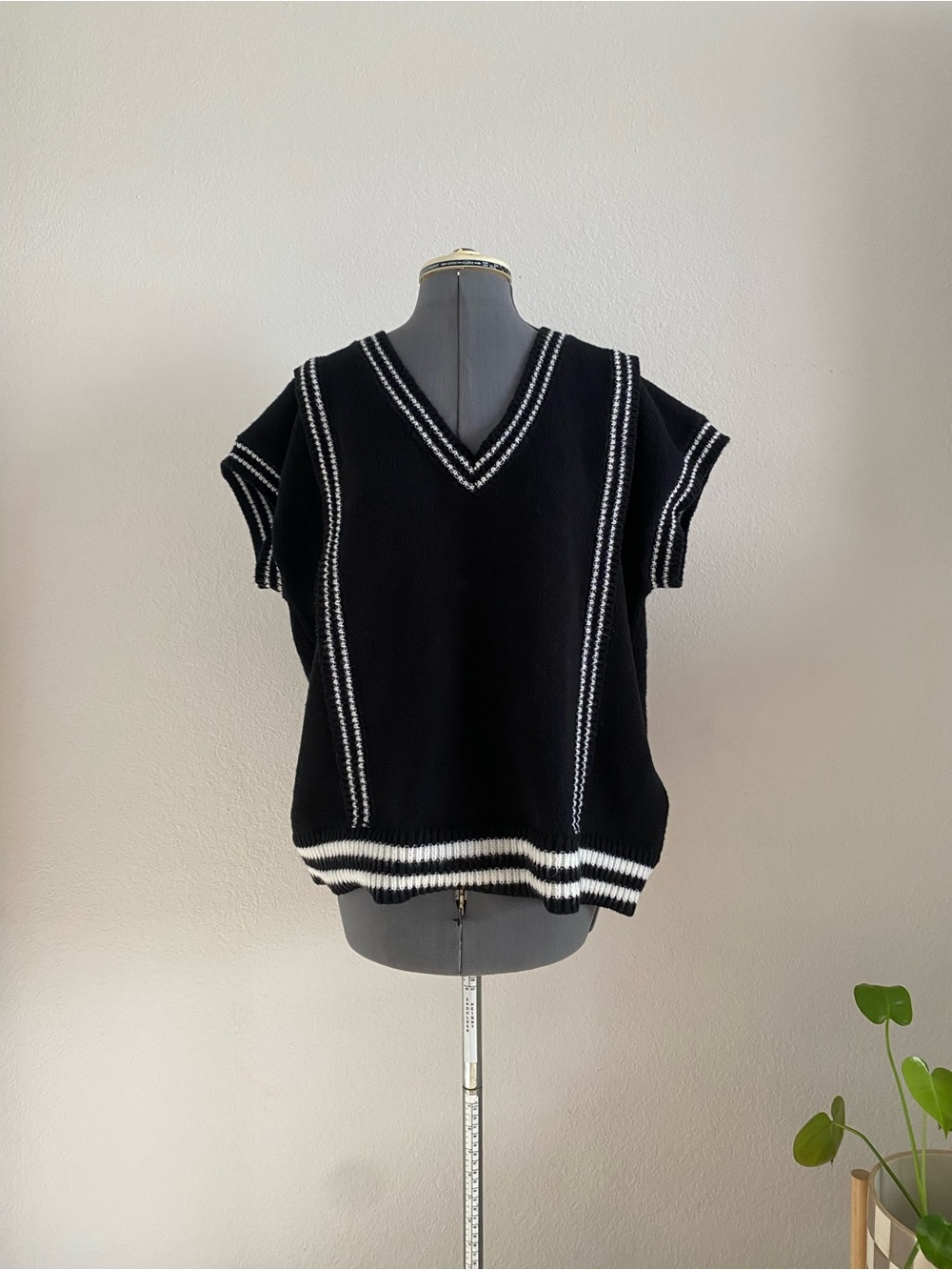 Simple Black V-Neck Sweater Vest with White Trim